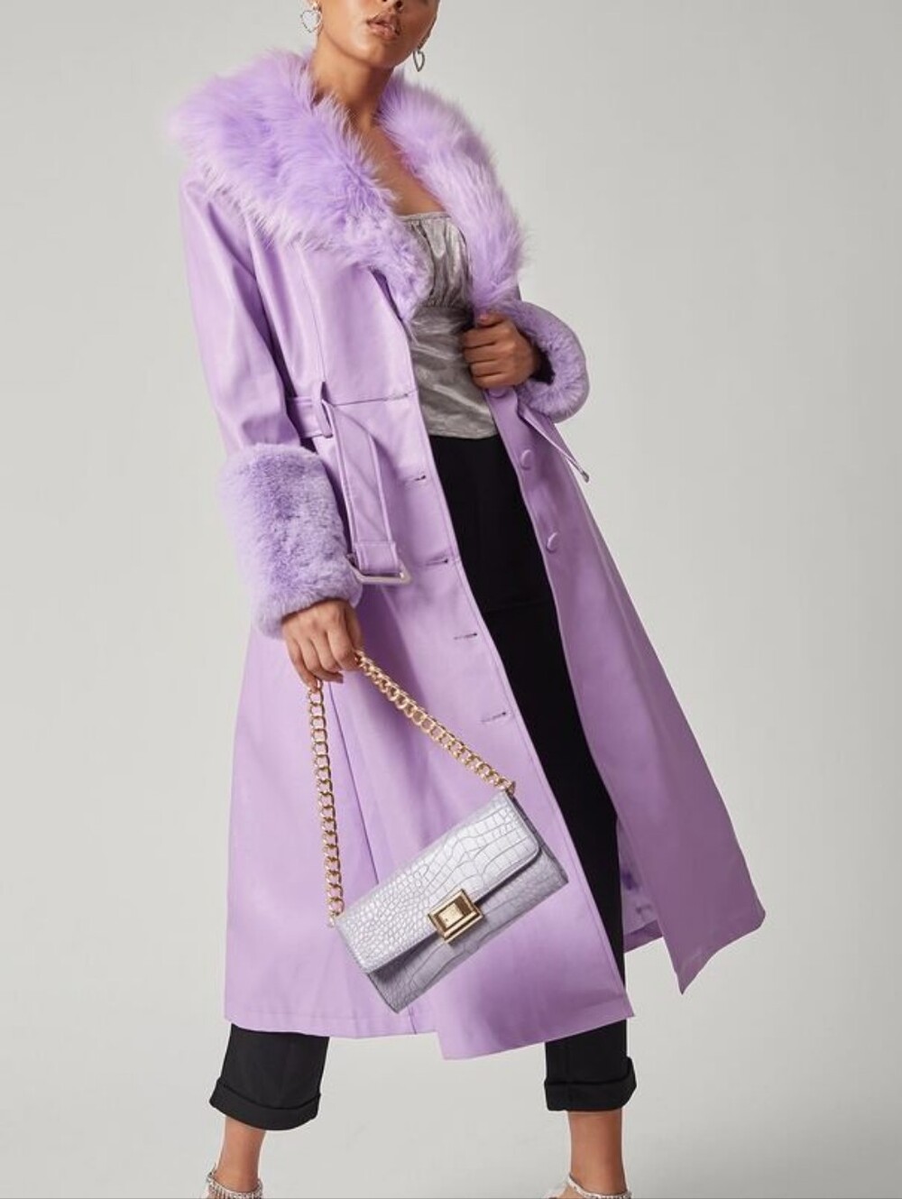 Lavender Lilac Faux Fur Detail Midi Length Trench Coat